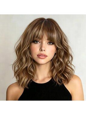 14 inch Women's Fashion Brown Mix Blonde Soft Short Bob Curly Wig with Bangs